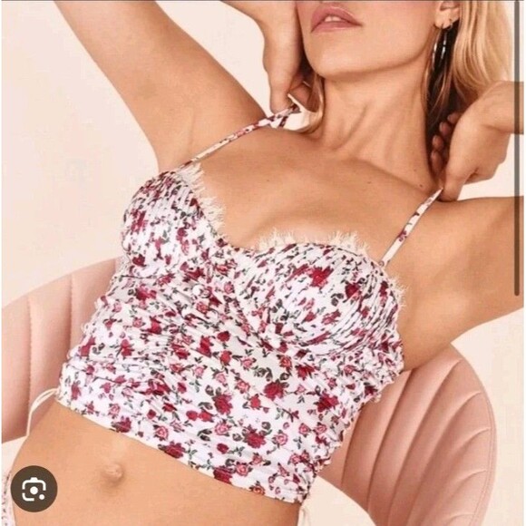 For Love&Lemons Melrose Bustier Tank Top L Pink Floral Ruched Babydoll Coquette - Picture 6 of 9